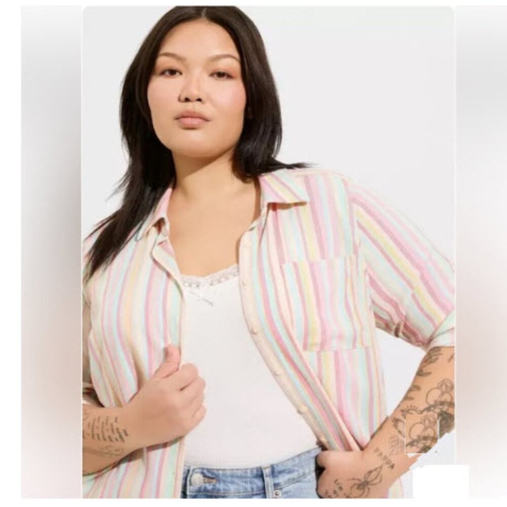 Torrid Lizzie Button-Up Shirt Crinkle Gauze Stripe 1xUS 14 Preppy Chic Office